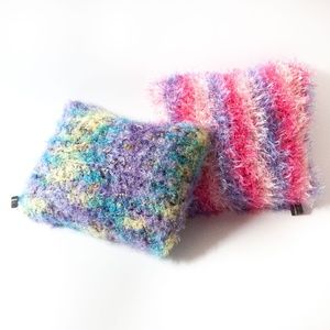 Set of 2 Handmade Knit Fuzzy Fringe Eyelash Yarn Small Throw Pillows